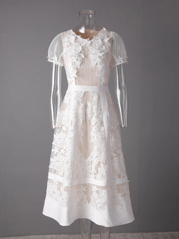 Xajzpa Fashion Women Dress Short Sleeve Round Neck Lace Patchwork Female Elegant Dresses New Tide